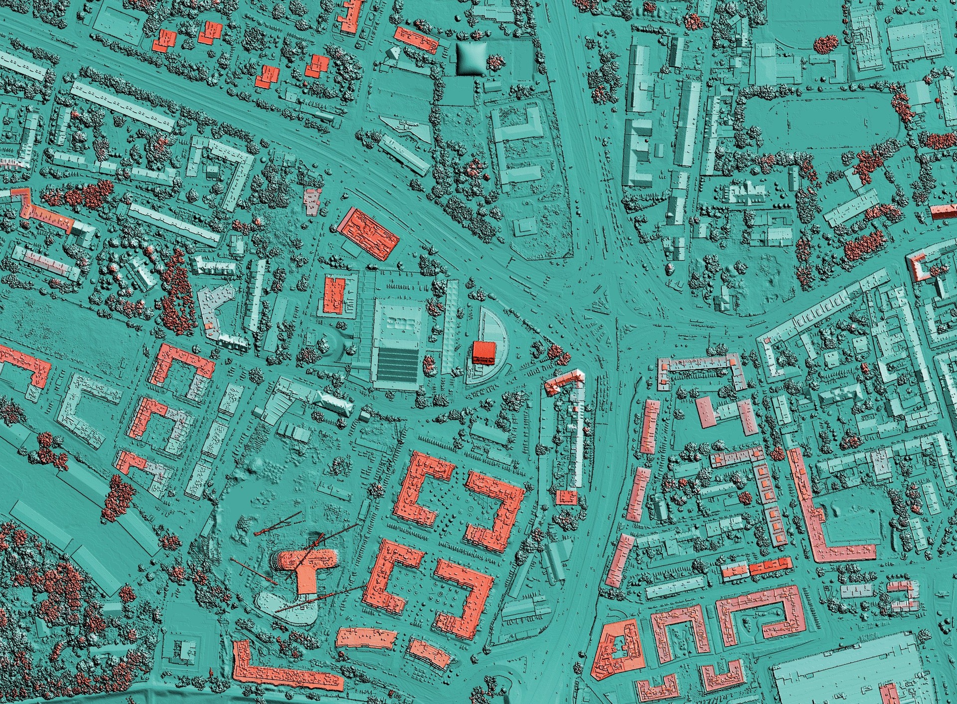 Map of urban city area with coloured geospatial data for GIS usage